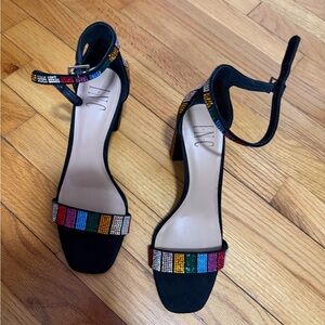 INC International Concepts Black Heeled Sandals with Multicolor Crystal Straps